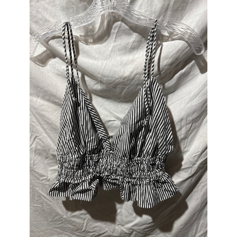 Sim & Sam Black White Striped Smocked Ruffle Cami Crop Top XL